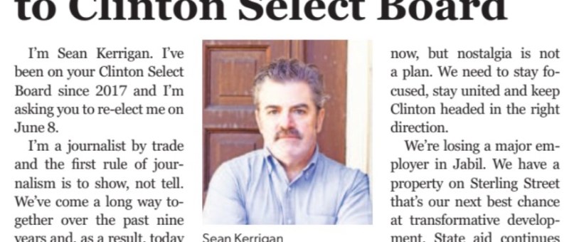 Screen shot of Sean Kerrigan campaign announcement in Clinton Item, May 22, 2026