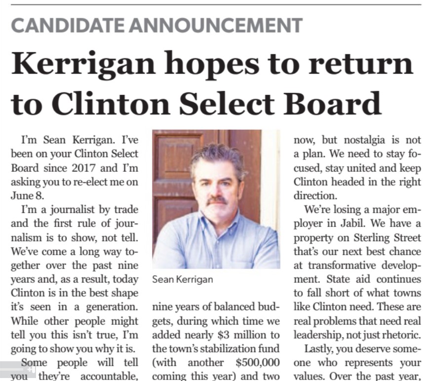 Screen shot of Sean Kerrigan campaign announcement in Clinton Item, May 22, 2026